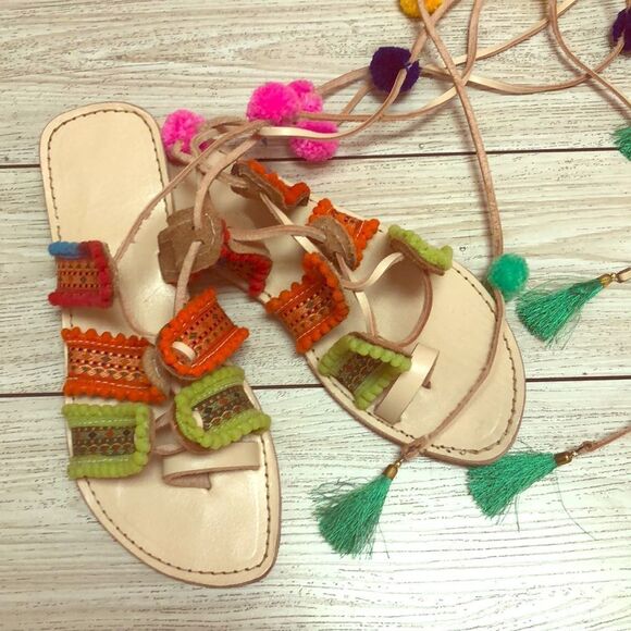 Boho genuine leather lace up Pom Pom sandals 10 - Picture 1 of 6